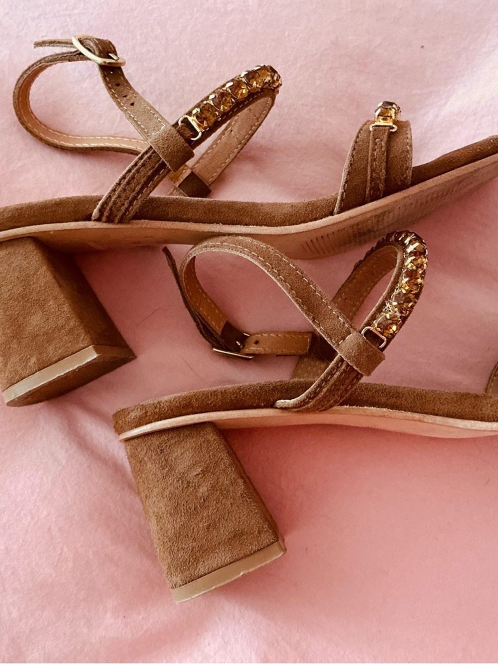 leather suede brown sandals with crystal stones size 7 - Picture 7 of 9